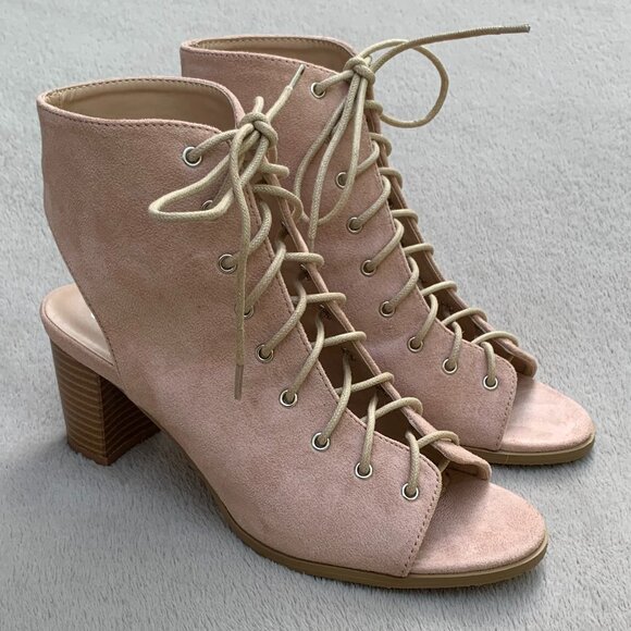 Journee Collection Posey Peeptoe Open Heel Faux Suede Lace-Up Booties Sz8 - Picture 3 of 16